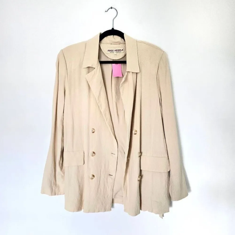 Free People Blazer Womens Small Beige Linen Notch Collar Formal‎ Business Jacket